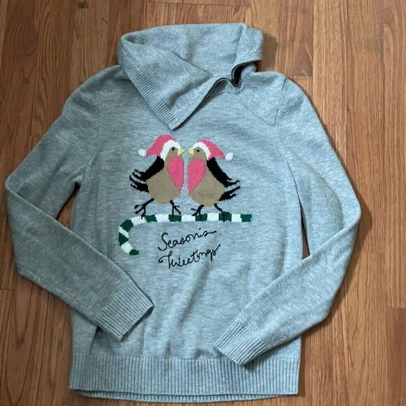 Talbots Seasons Tweeting Festive Love Birds Grey Wool Pullover Sweater Women MP - Picture 2 of 6